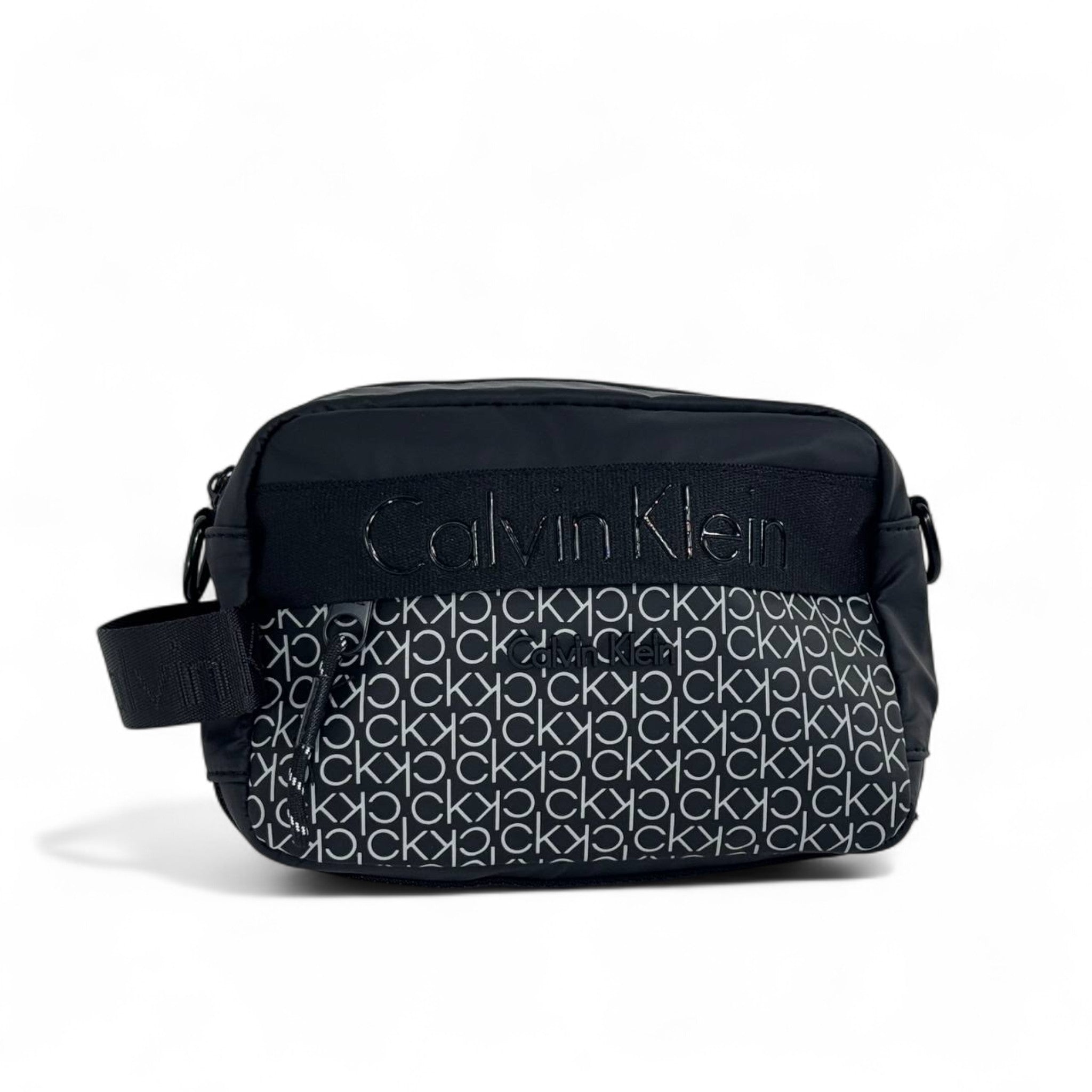 🖤 Calvin Klein Black & Grey All-Over Monogram Crossbody Bag – Unisex Streetwear
