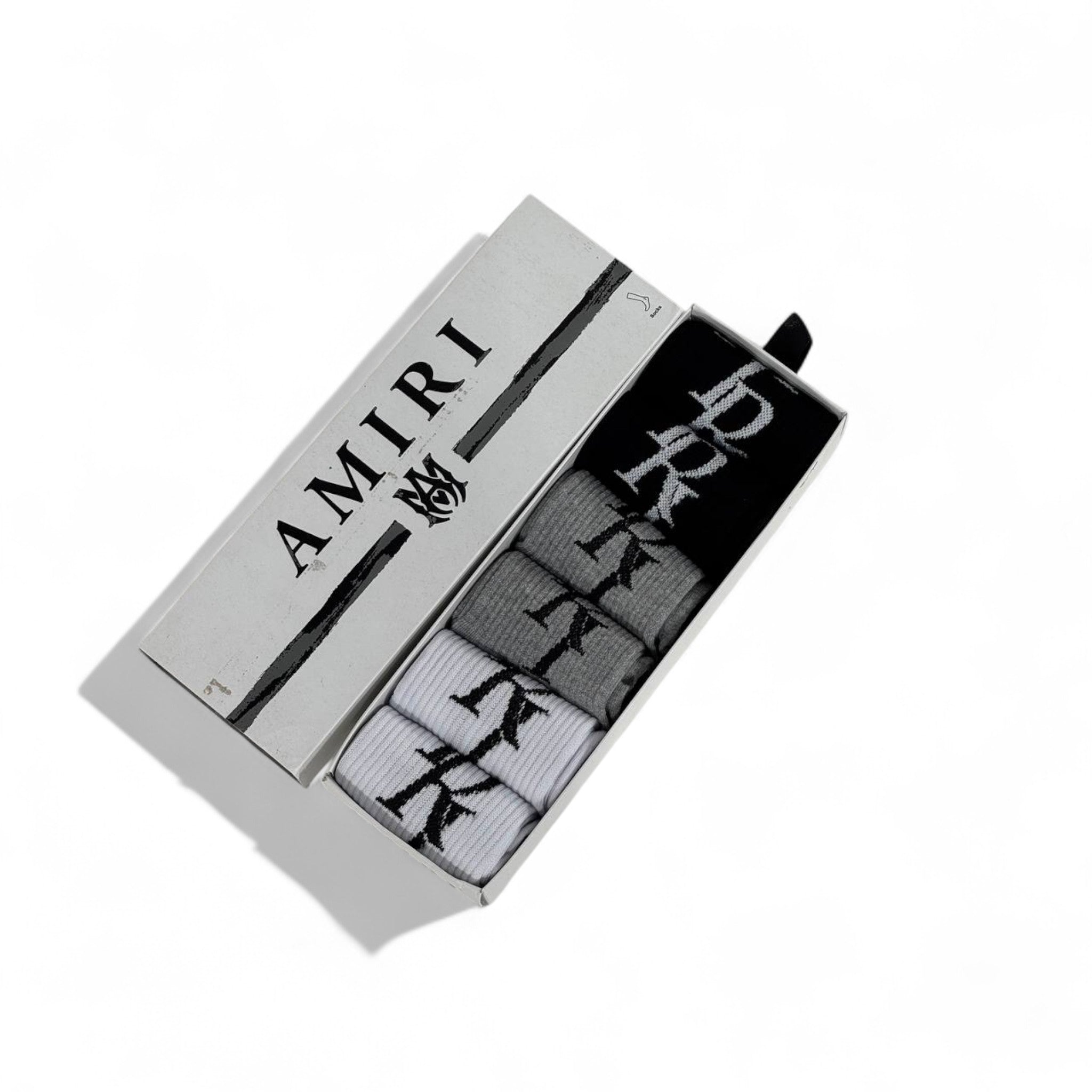 🖤 Amiri Crew Socks Set – 6 Pairs (White, Black, Grey) with Gift Box