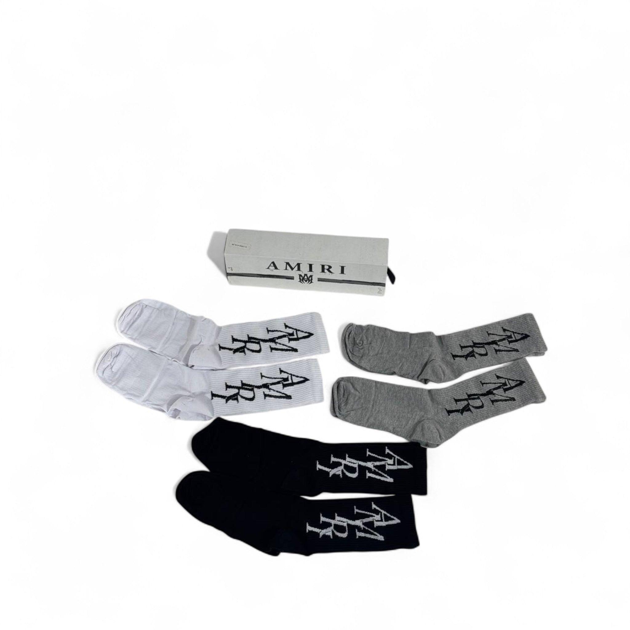 🖤 Amiri Crew Socks Set – 6 Pairs (White, Black, Grey) with Gift Box