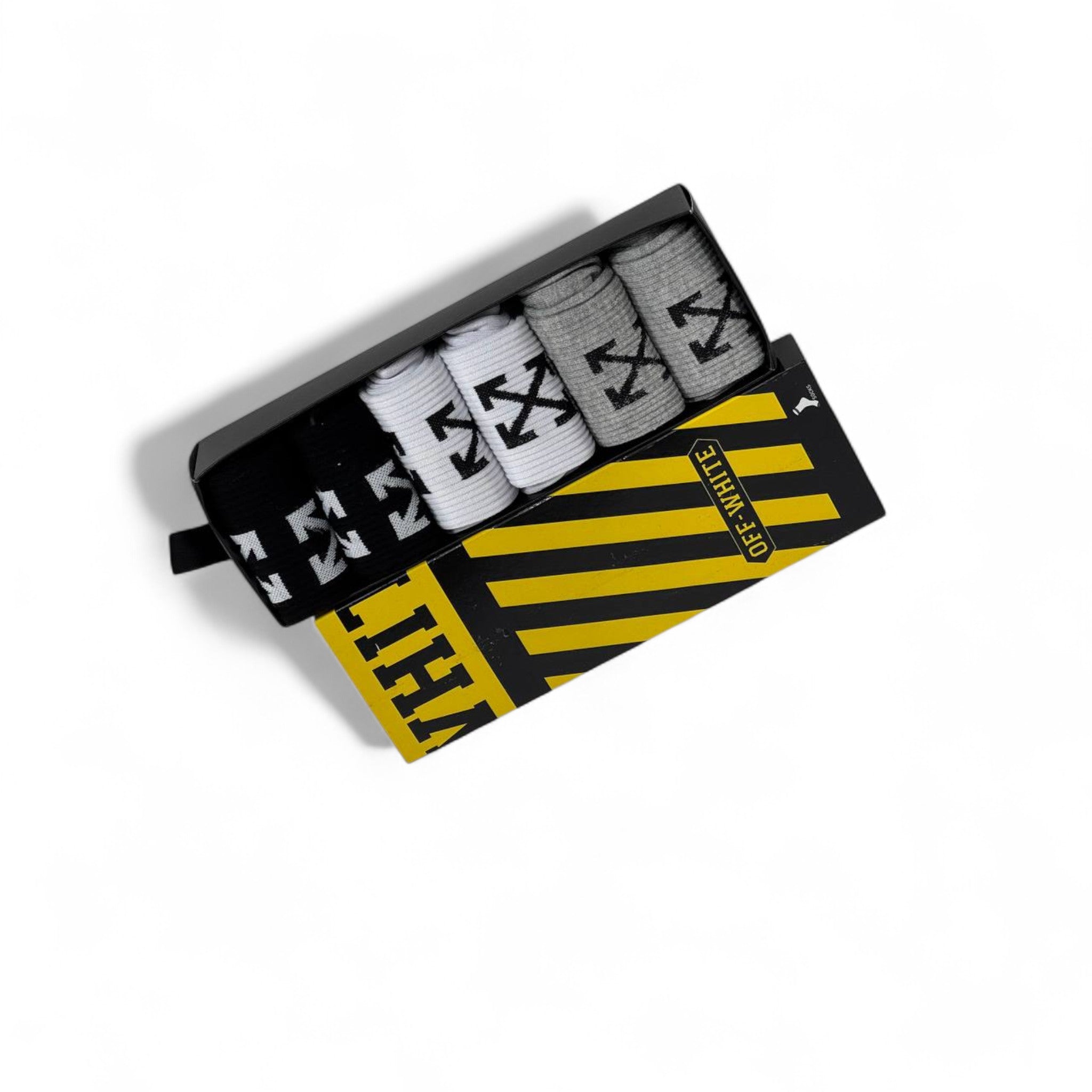 ⚫⚪ Off-White Crew Socks Set – 6 Pairs (White, Black, Grey) with Gift Box