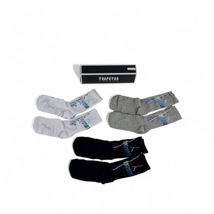 ⚡ Trapstar Crew Socks Set – 6 Pairs (White, Black, Grey) with Gift Box