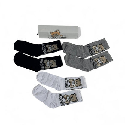 🧸 Moschino Teddy Bear Crew Socks Set – 6 Pairs (White, Black, Grey) with Gift Box
