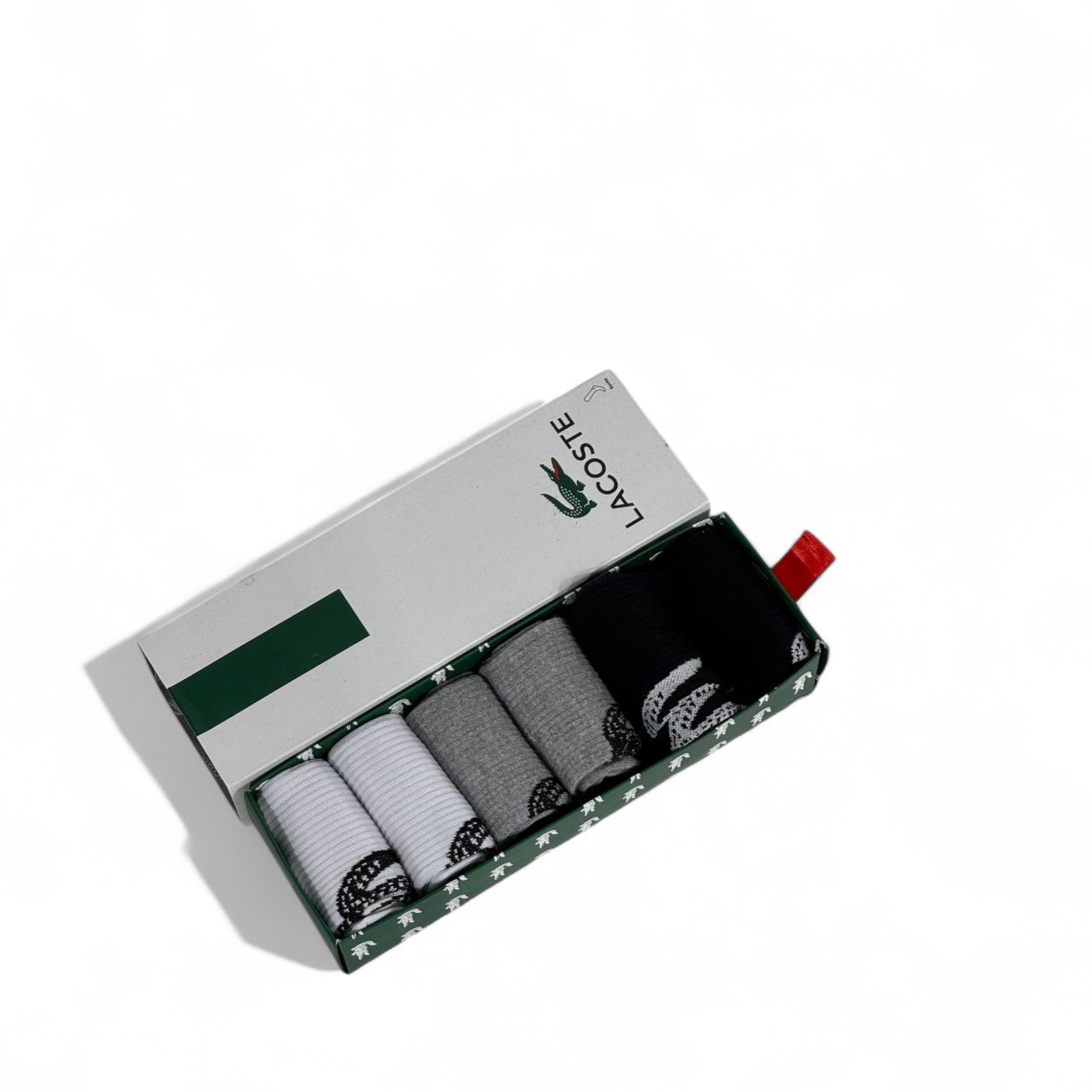 🐊 Lacoste Crew Socks Set – 6 Pairs (White, Black, Grey) with Gift Box