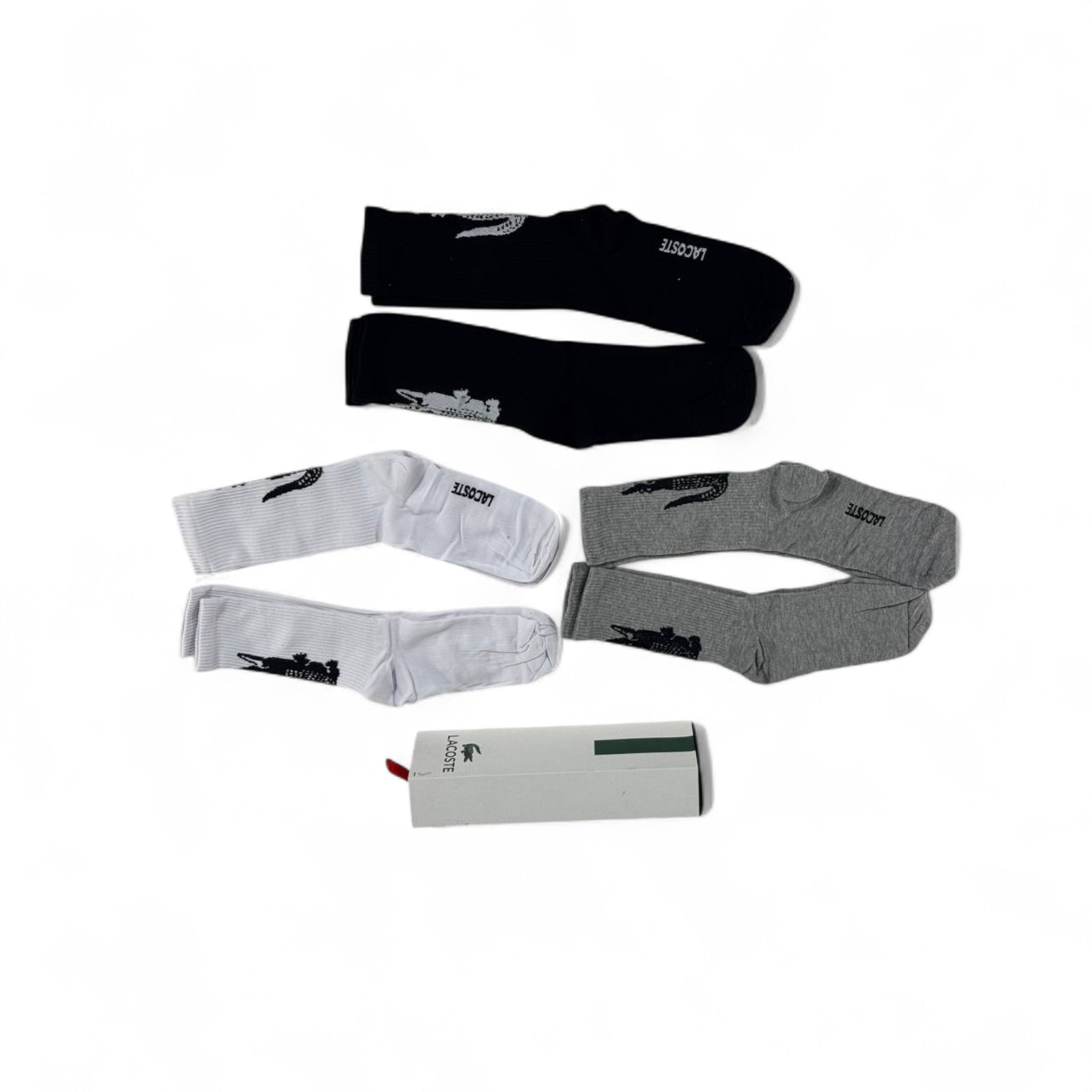 🐊 Lacoste Crew Socks Set – 6 Pairs (White, Black, Grey) with Gift Box