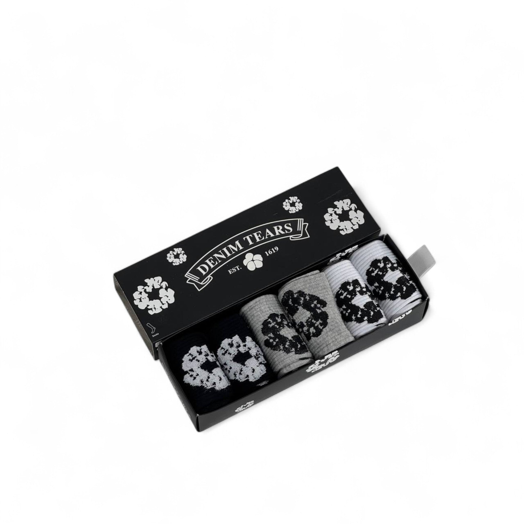 🌸 Denim Tears Crew Socks Set – 6 Pairs (White, Black, Grey) with Gift Box