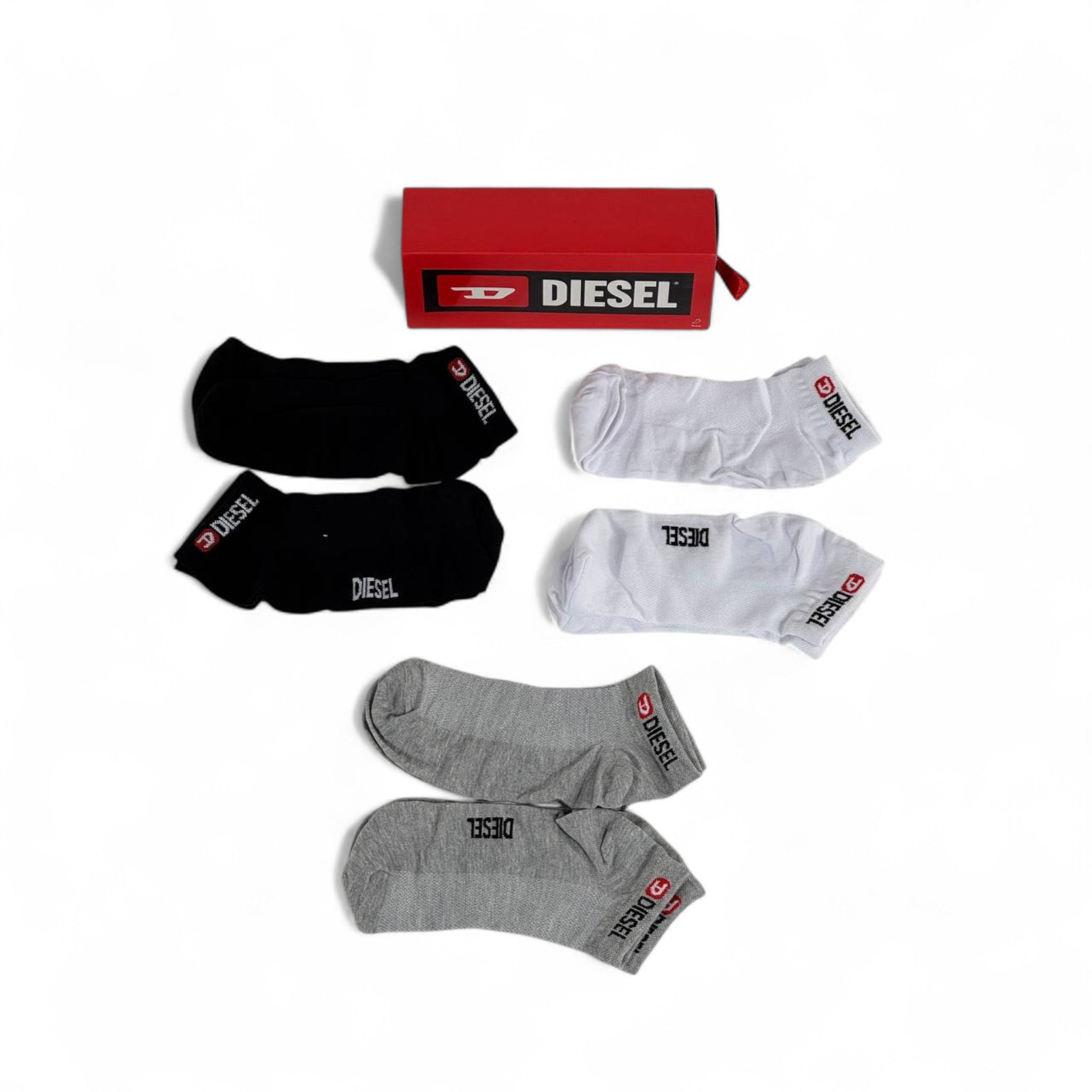 🔥 Diesel Ankle Socks Set – 6 Pairs (Black, White, Grey) with Gift Box