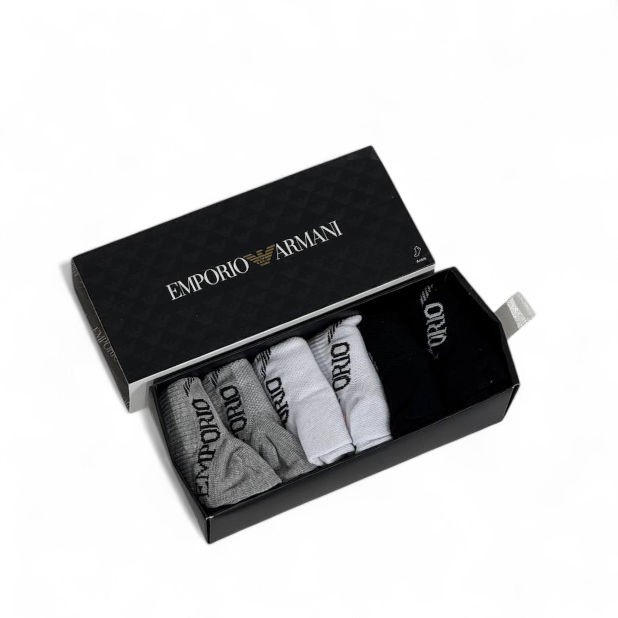 ✨ Emporio Armani Ankle Socks Set – 6 Pairs (Black, White, Grey) with Gift Box