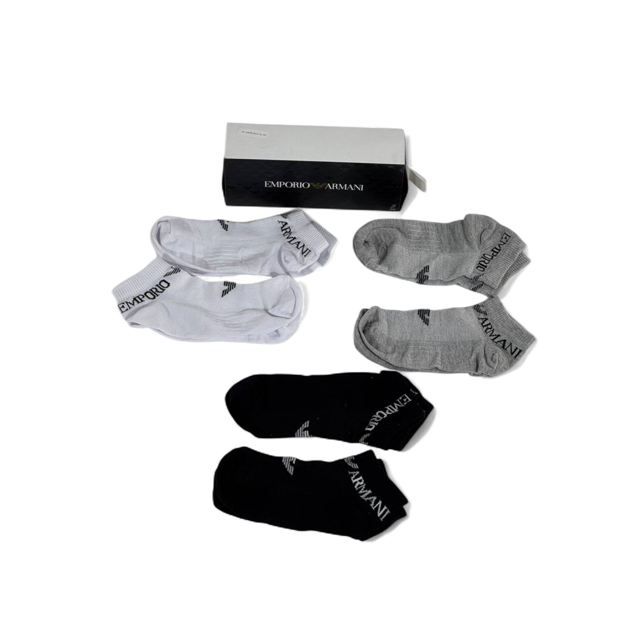 ✨ Emporio Armani Ankle Socks Set – 6 Pairs (Black, White, Grey) with Gift Box