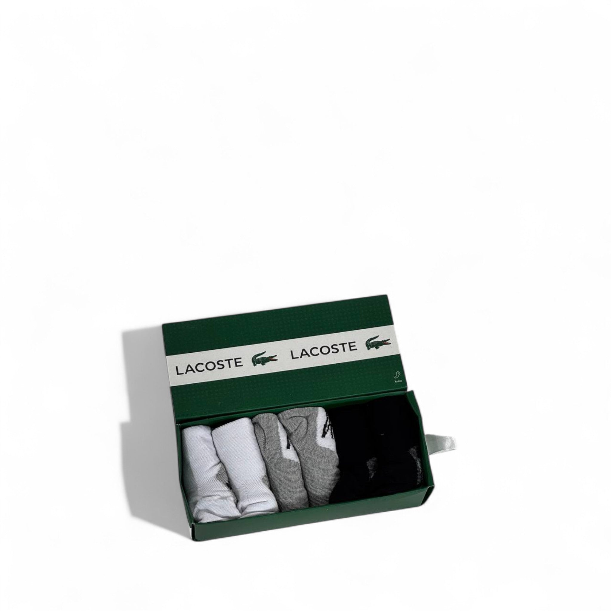 🐊 Lacoste Ankle Socks Set – 6 Pairs (Black, White, Grey) with Gift Box