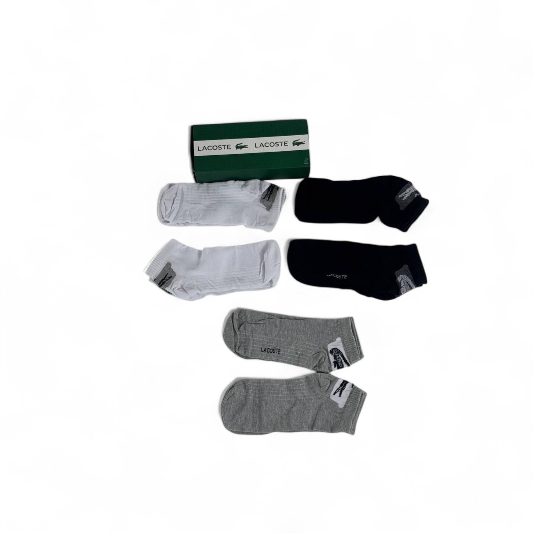 🐊 Lacoste Ankle Socks Set – 6 Pairs (Black, White, Grey) with Gift Box