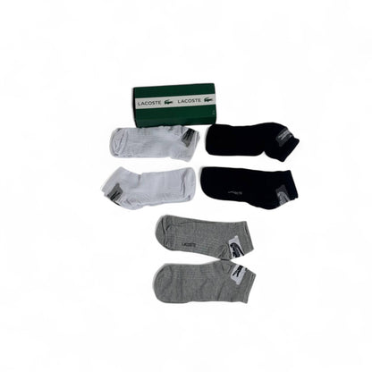 🐊 Lacoste Ankle Socks Set – 6 Pairs (Black, White, Grey) with Gift Box