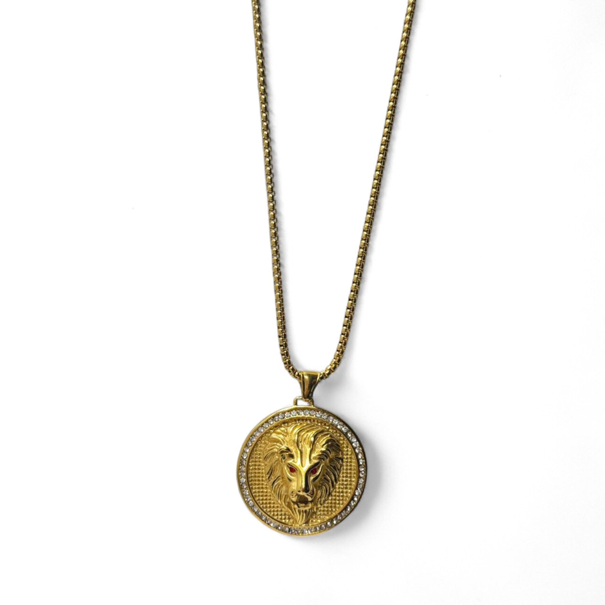 Gold Lion Head Medallion Necklace 🦁 – Crystal Frame, 40cm Stainless Steel Chain