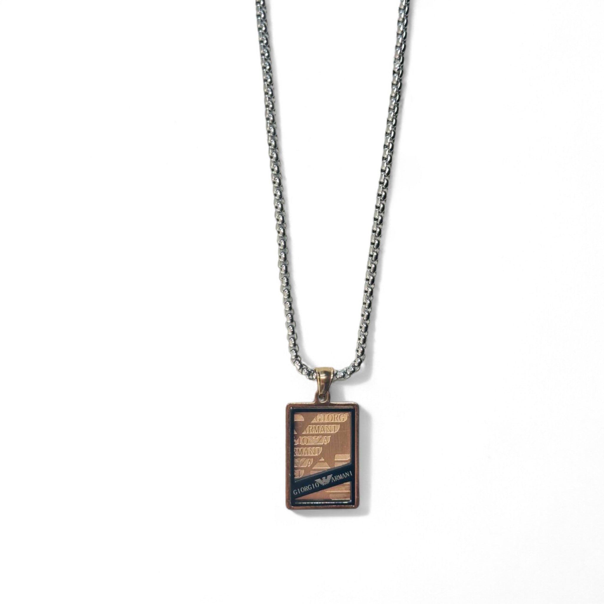 Armani-Inspired Rectangle Pendant Necklace – Silver Stainless Steel, 40cm Chain
