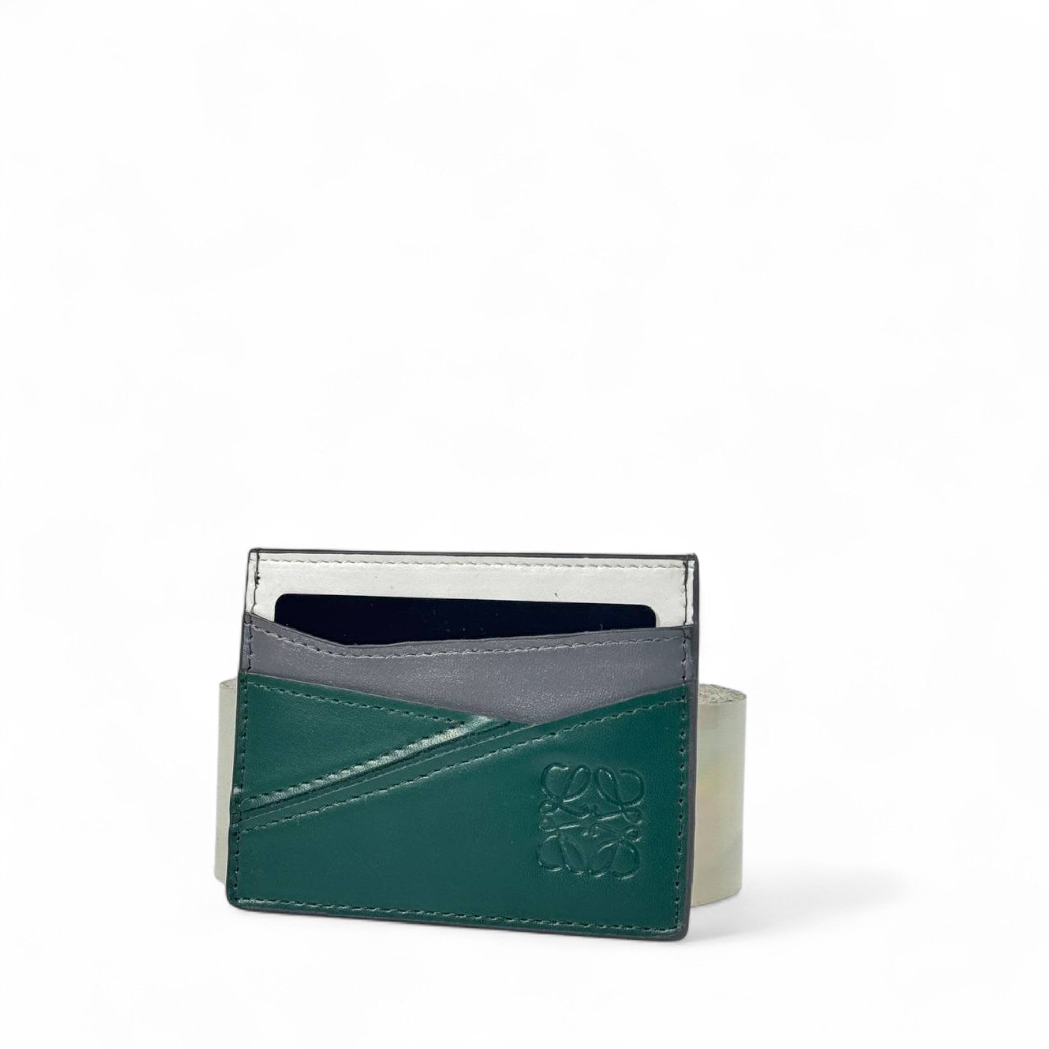 🌿 Loewe Tricolor Leather Card Holder – Green, Grey & White with Embossed Anagram