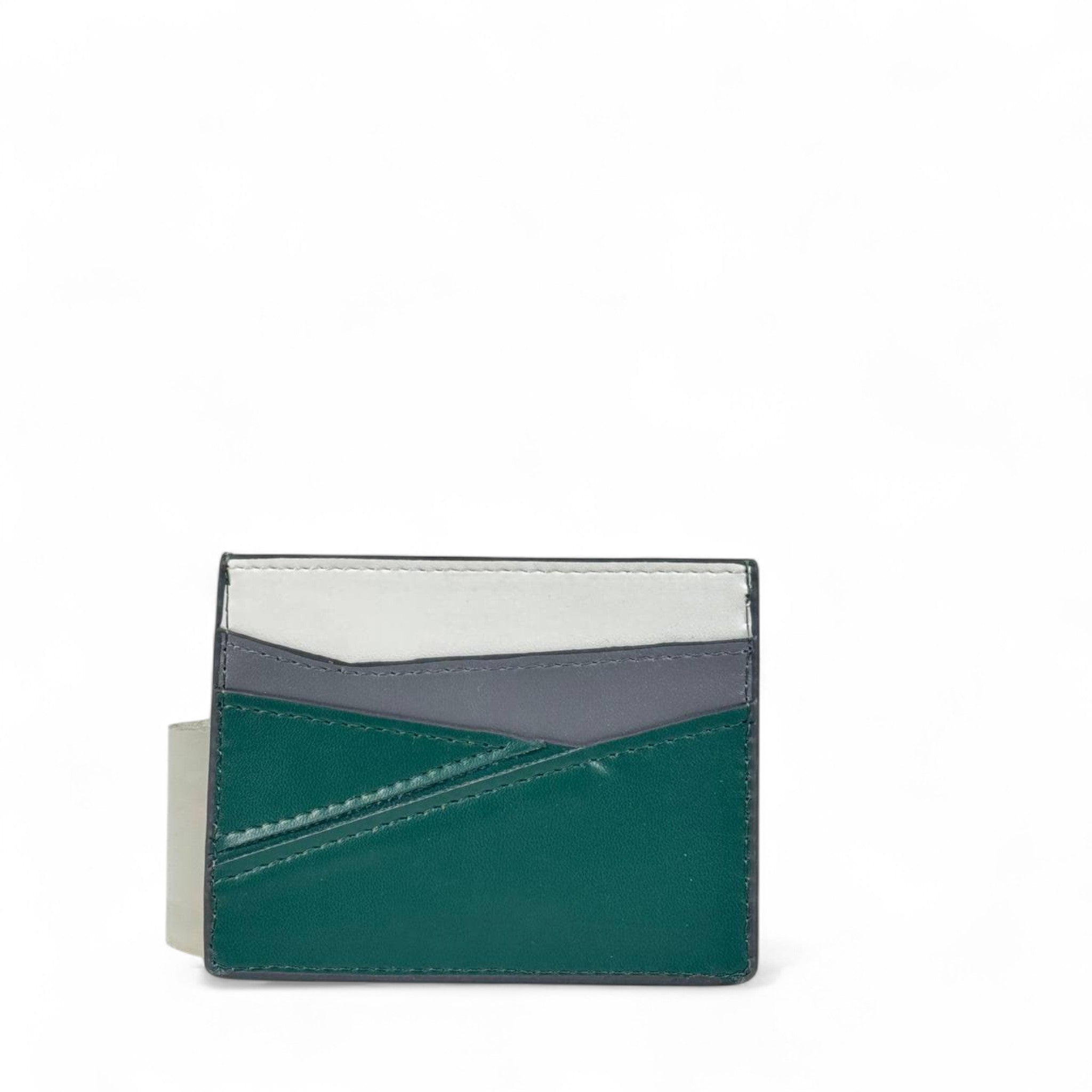🌿 Loewe Tricolor Leather Card Holder – Green, Grey & White with Embossed Anagram