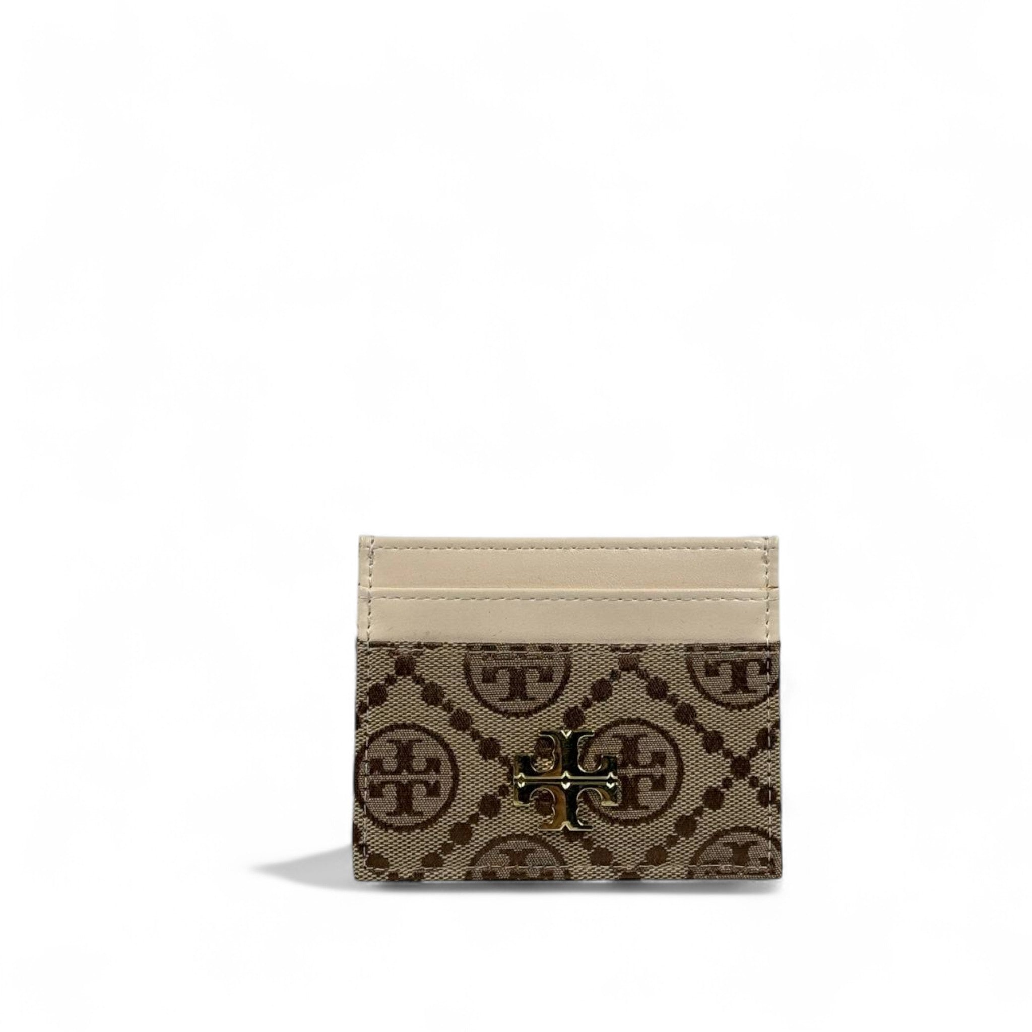 🤎 Tory Burch Beige & Brown Monogram Card Holder – Gold Logo