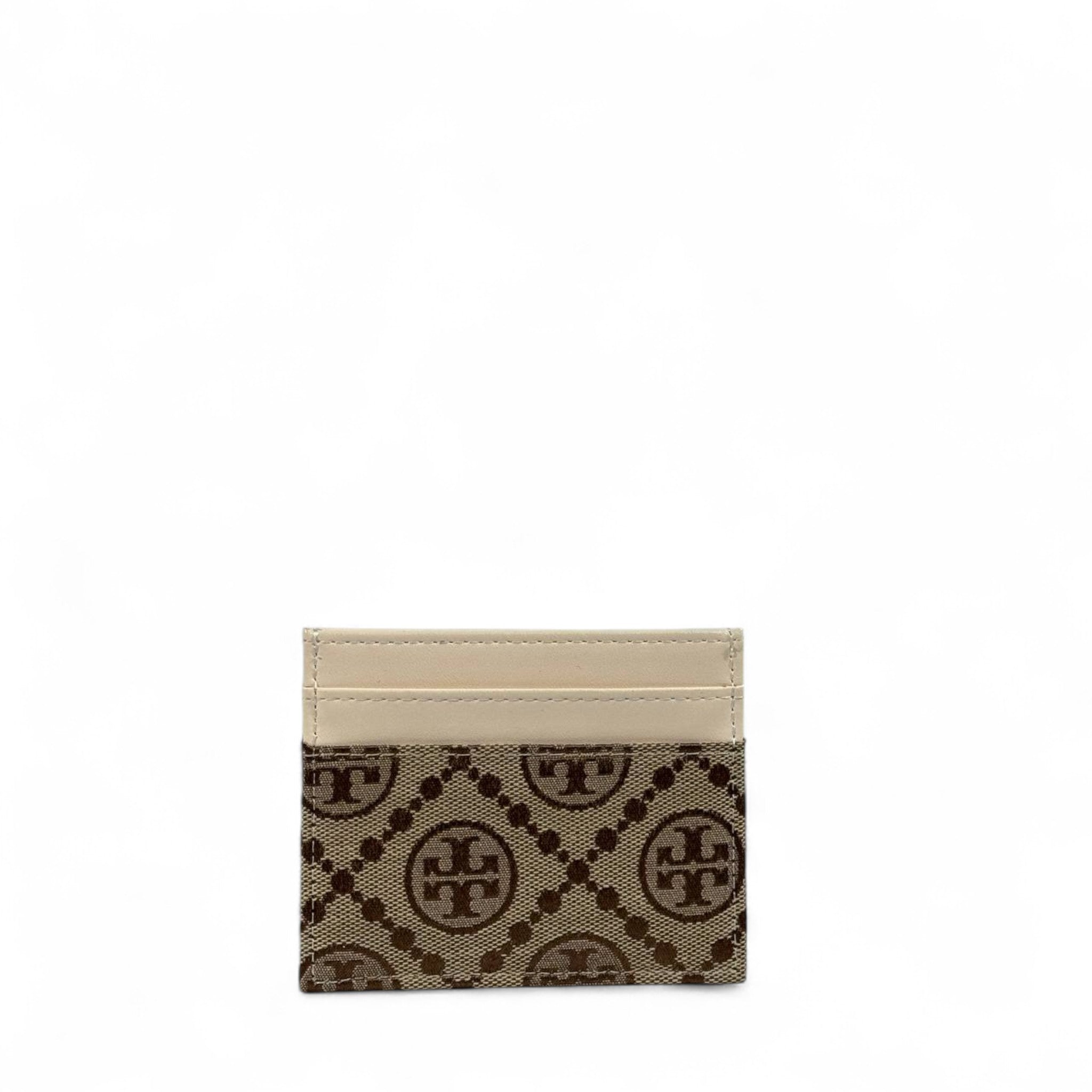 🤎 Tory Burch Beige & Brown Monogram Card Holder – Gold Logo