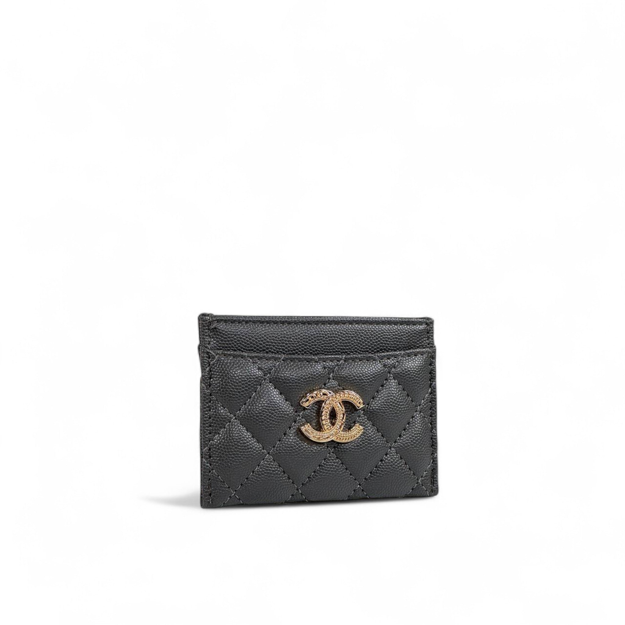 🖤 Chanel Quilted grey Leather Card Holder – Gold CC Logo