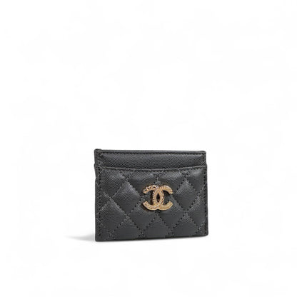 🖤 Chanel Quilted grey Leather Card Holder – Gold CC Logo