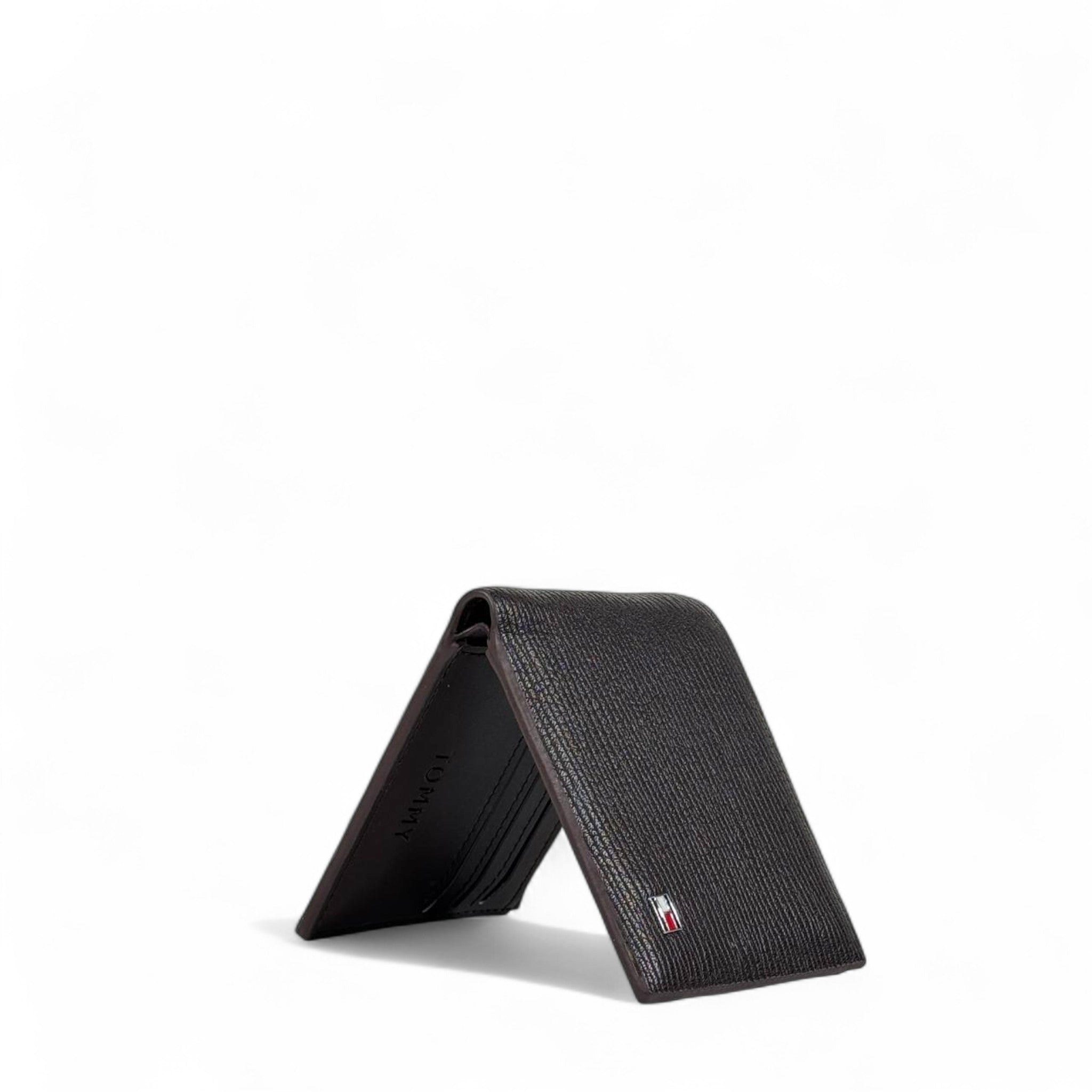 🤎 Tommy Hilfiger Brown Textured Leather Bifold Wallet – Flag Logo