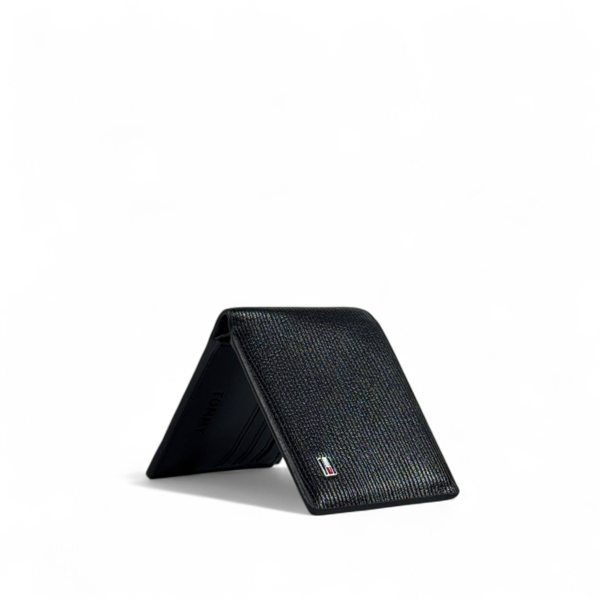🖤Tommy Hilfiger blackTextured Leather Bifold Wallet – Flag Logo