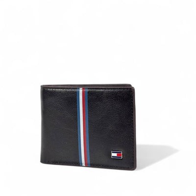 Tommy Hilfiger Dark Brown & Black Textured Leather Bifold Wallet – Flag Logo