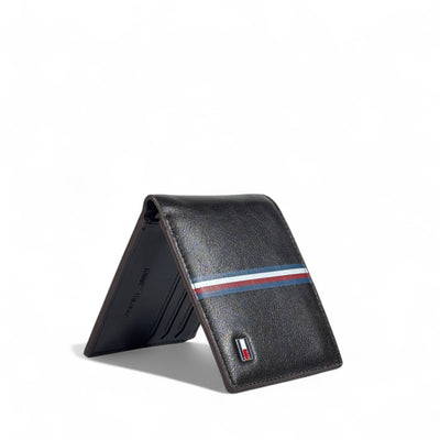 Tommy Hilfiger Dark Brown & Black Textured Leather Bifold Wallet – Flag Logo