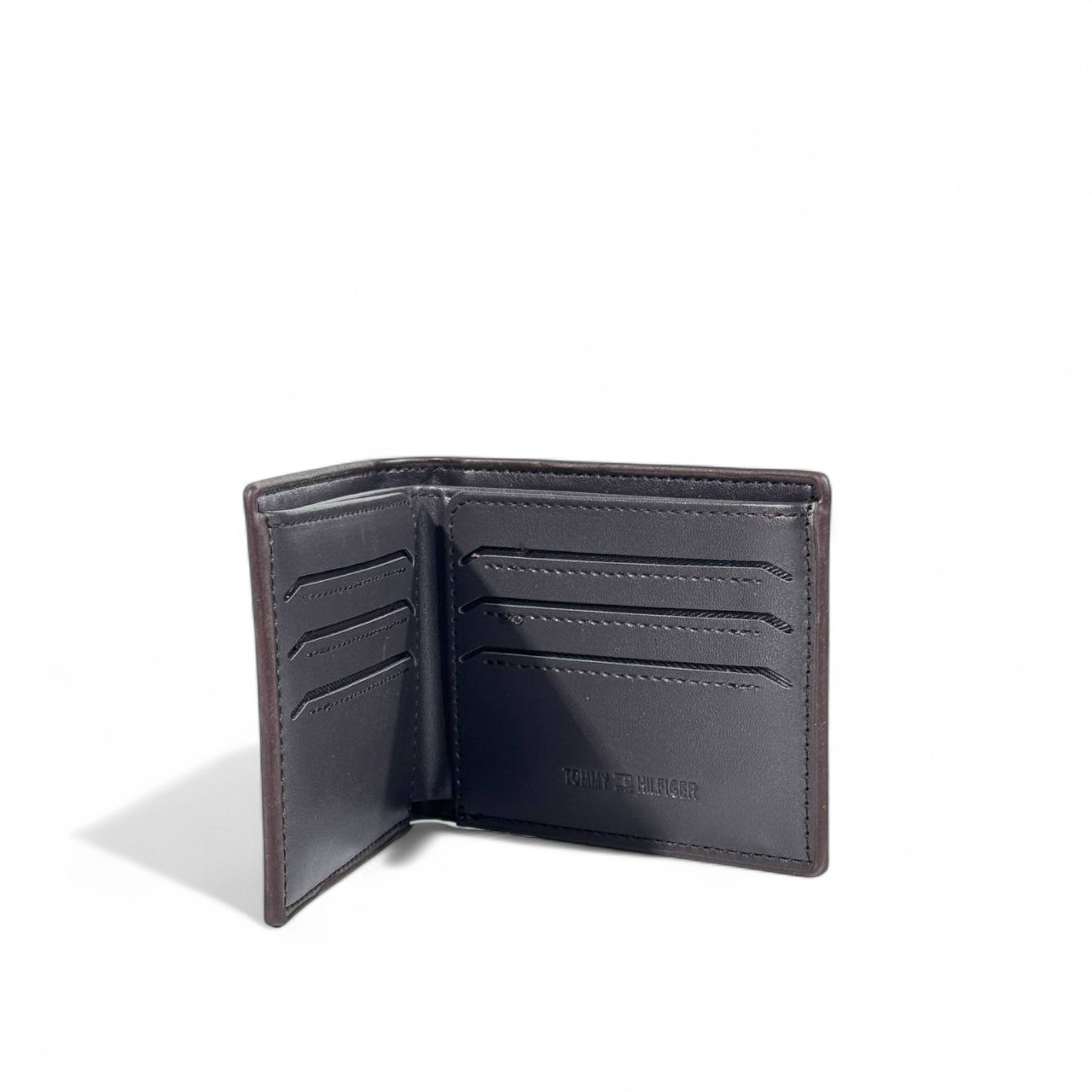 🤎 Tommy Hilfiger Dark Brown & black Textured Leather Bifold Wallet – Flag Logo
