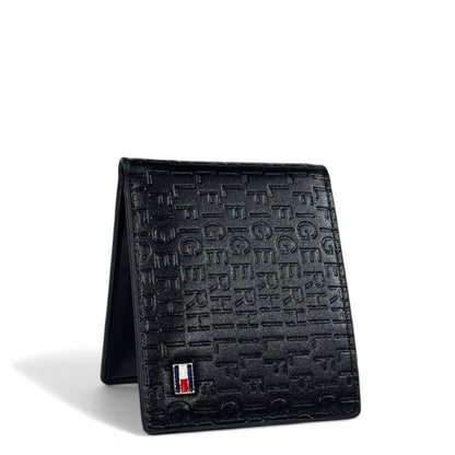 🖤 Tommy Hilfiger Black Embossed Logo Leather Bifold Wallet – Flag Logo