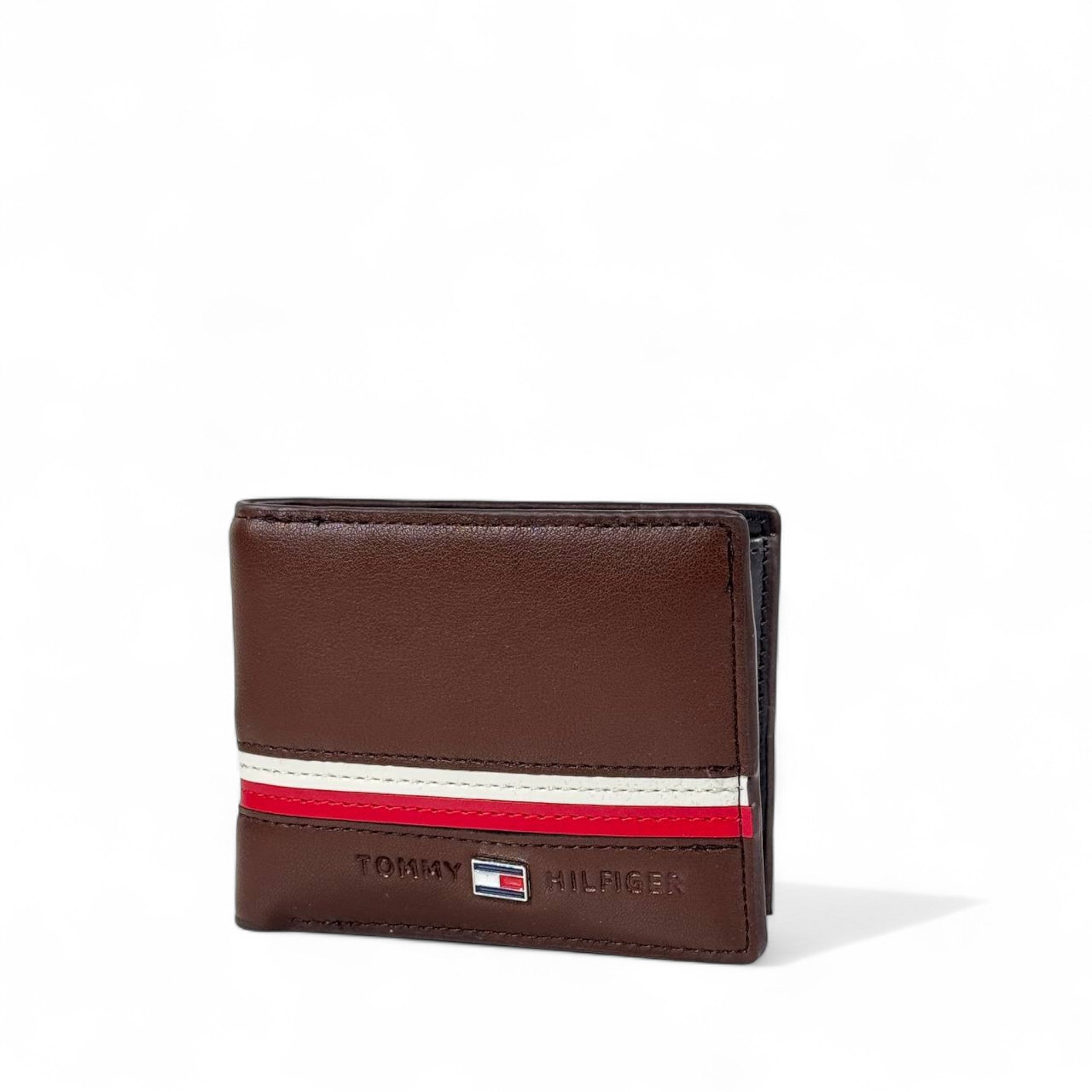 🤎 Tommy Hilfiger Brown Leather Bifold Wallet – Red & White Stripe