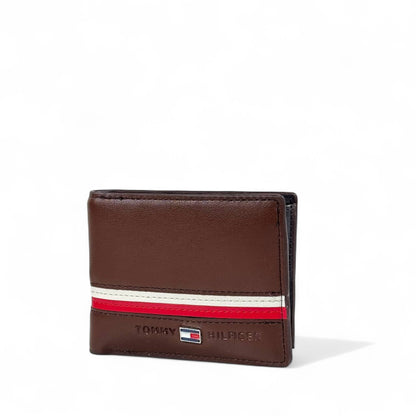 🤎 Tommy Hilfiger Brown Leather Bifold Wallet – Red & White Stripe