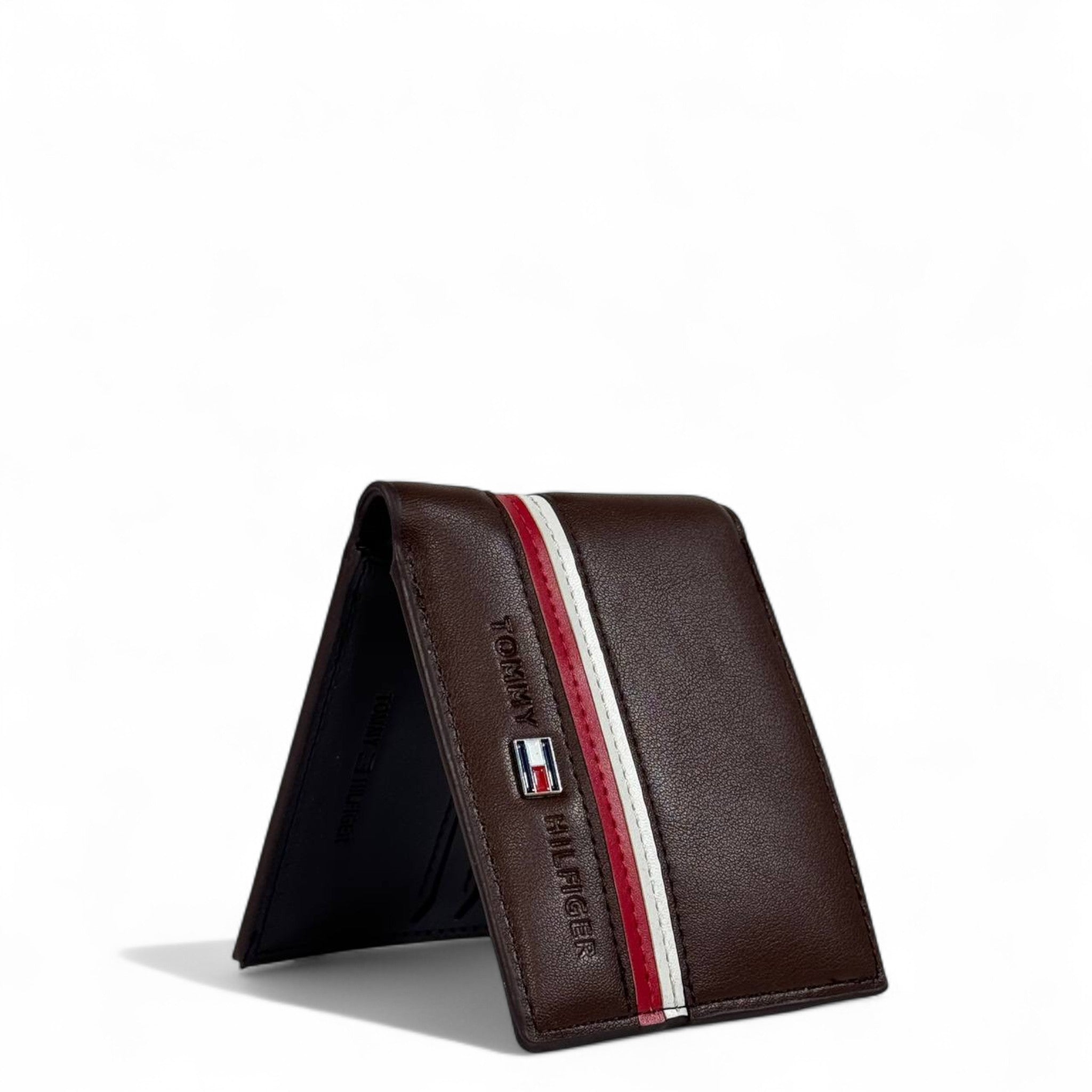 🤎 Tommy Hilfiger Brown Leather Bifold Wallet – Red & White Stripe