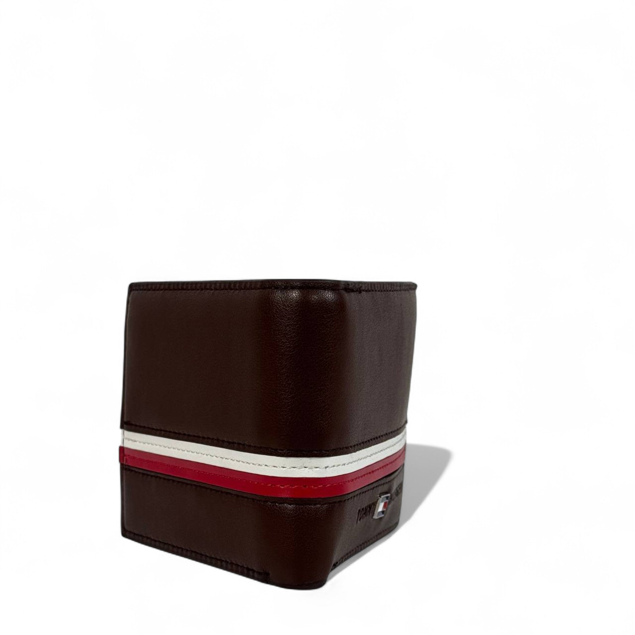 🤎 Tommy Hilfiger Brown Leather Bifold Wallet – Red & White Stripe