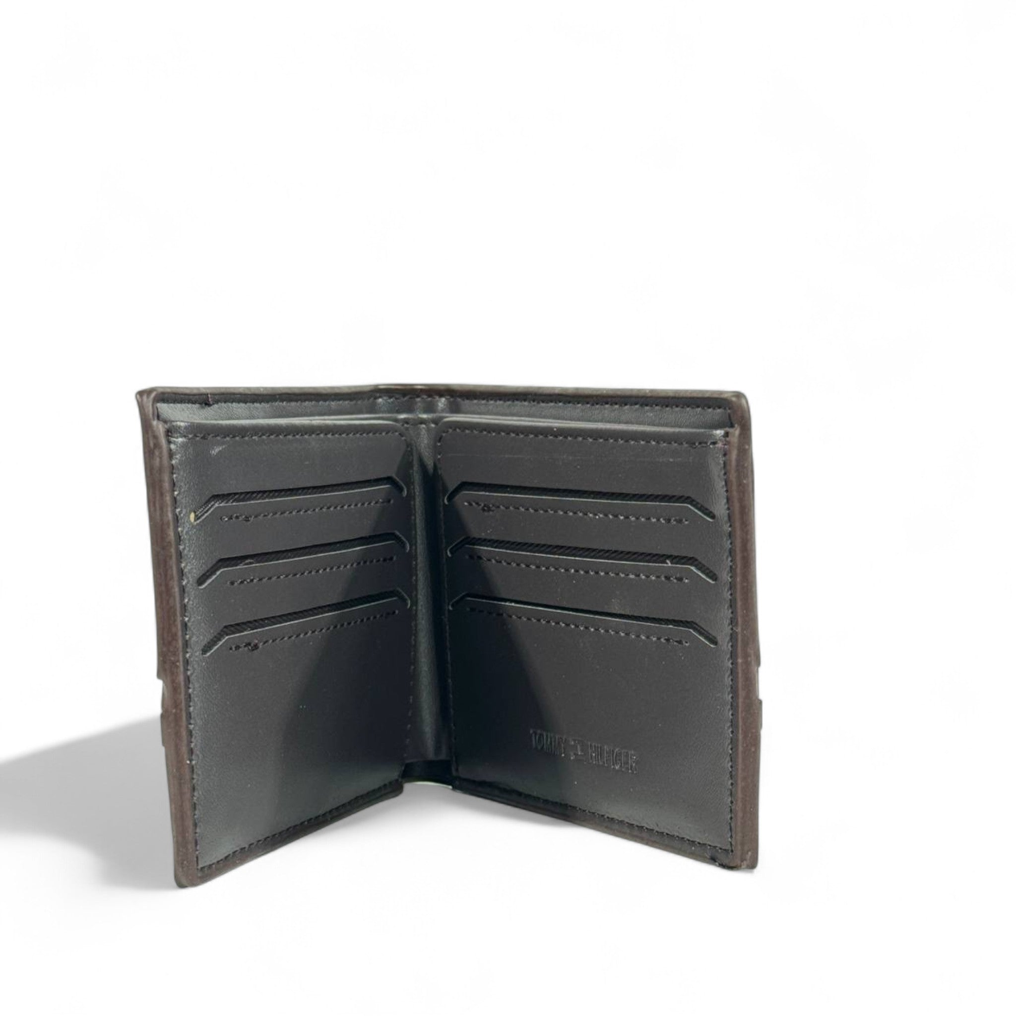 🤎 Tommy Hilfiger Brown Leather Bifold Wallet – Red & White Stripe