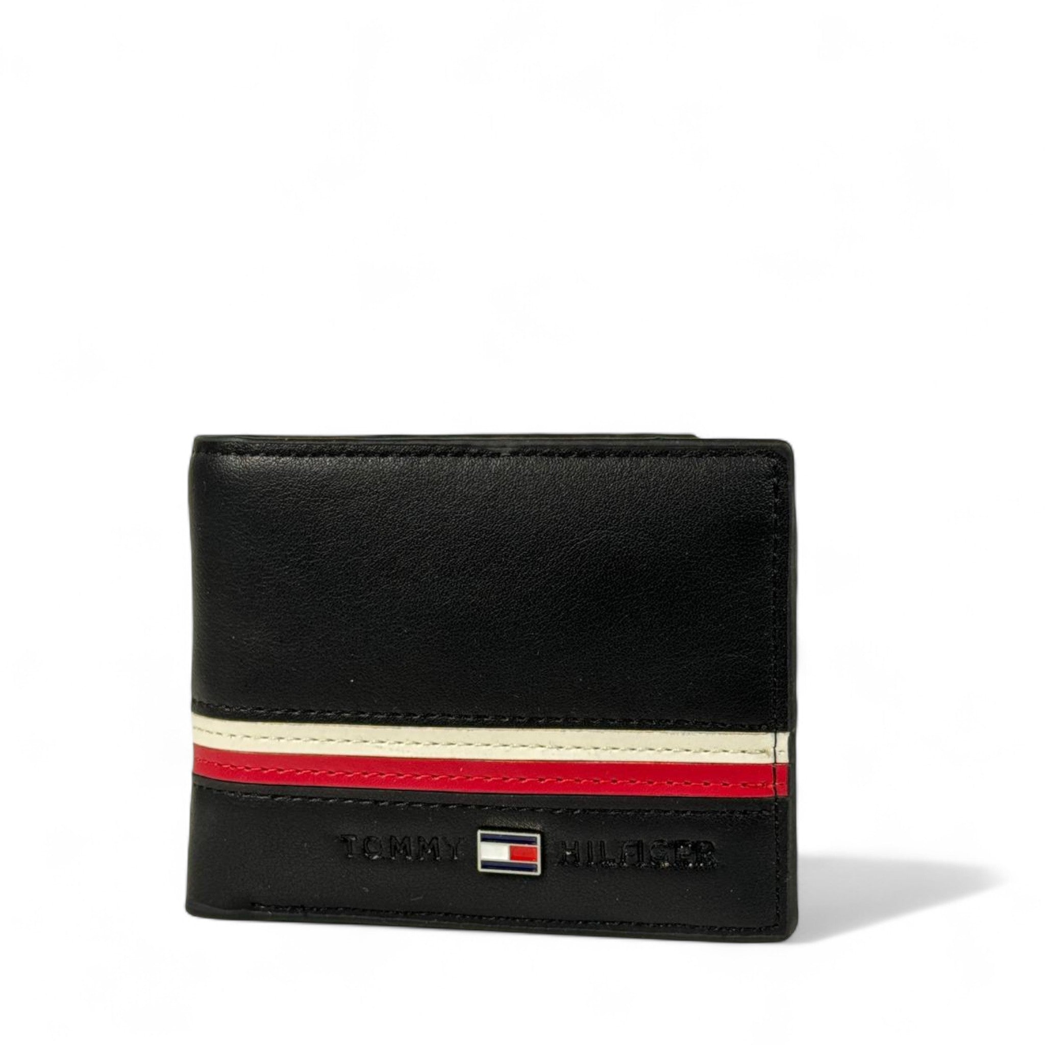 🖤 Tommy Hilfiger Black Leather Bifold Wallet – Red & White Stripe