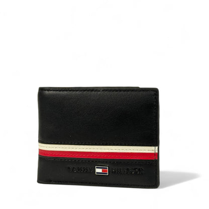 🖤 Tommy Hilfiger Black Leather Bifold Wallet – Red & White Stripe