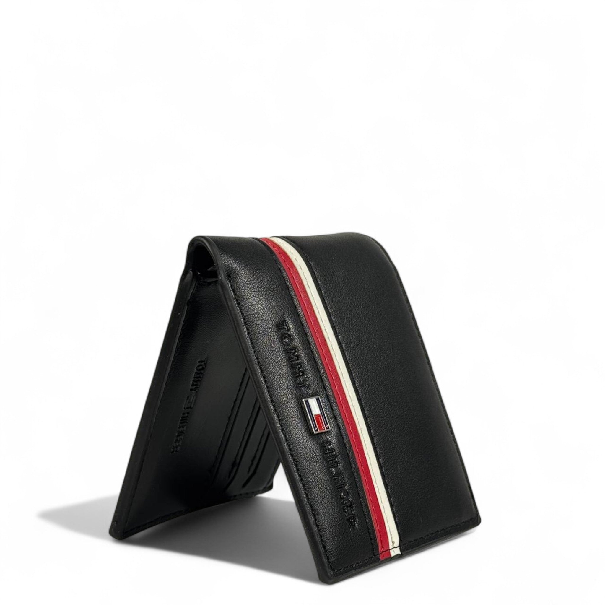 🖤 Tommy Hilfiger Black Leather Bifold Wallet – Red & White Stripe