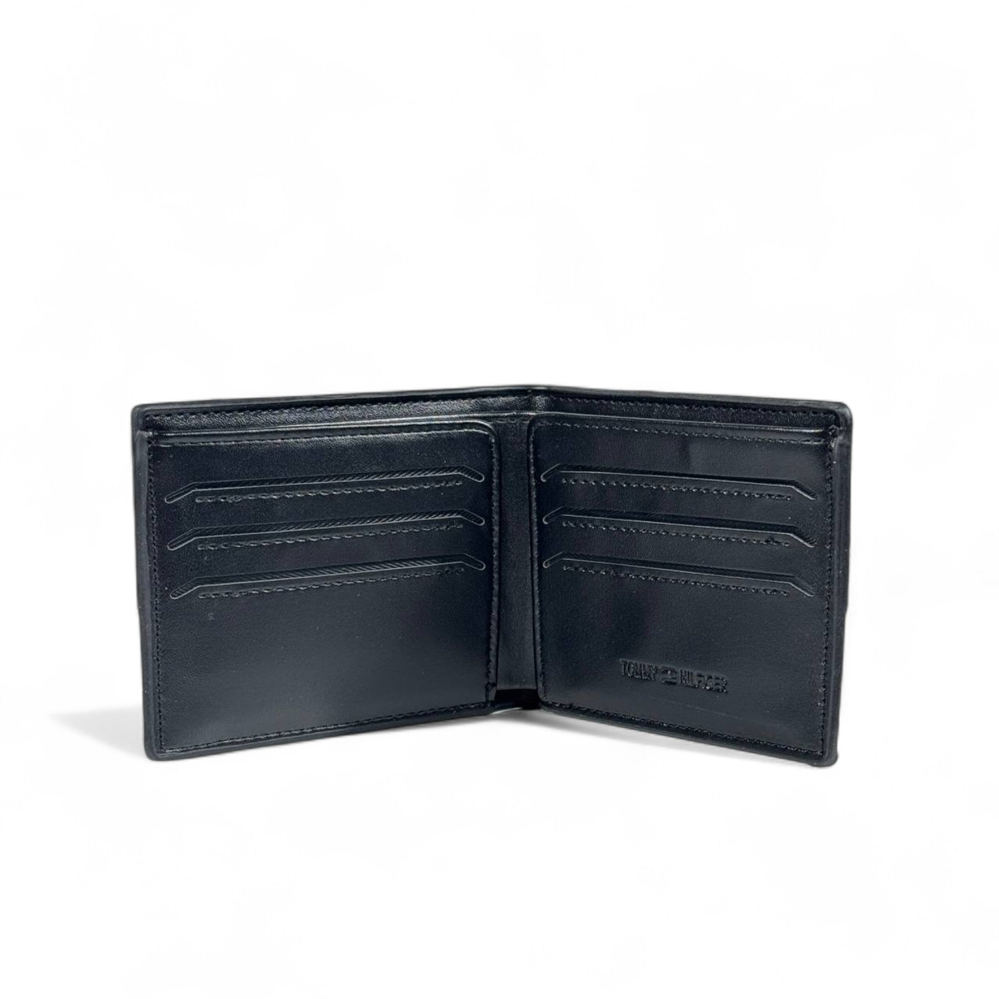 🖤 Tommy Hilfiger Black Leather Bifold Wallet – Red & White Stripe