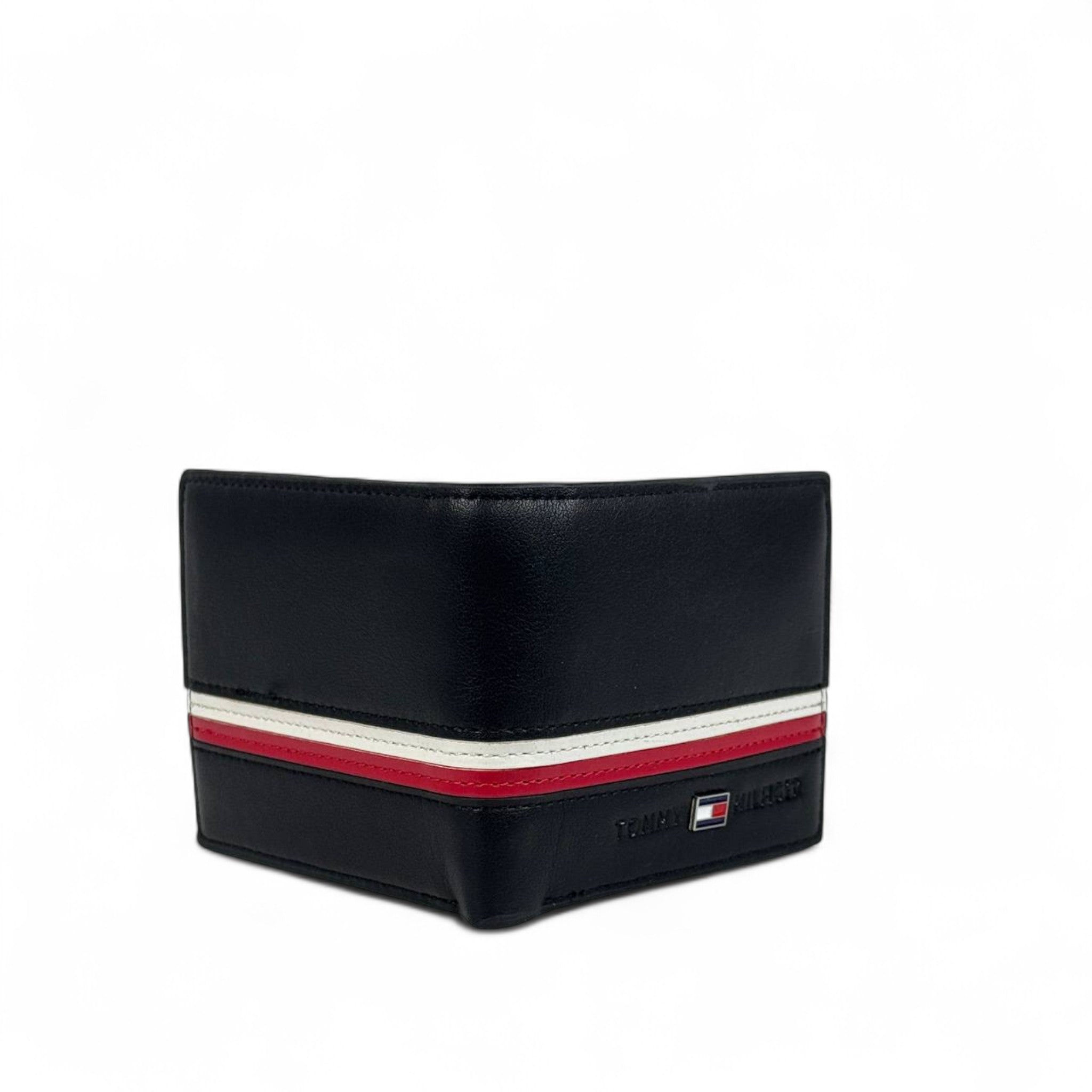 🖤 Tommy Hilfiger Black Leather Bifold Wallet – Red & White Stripe