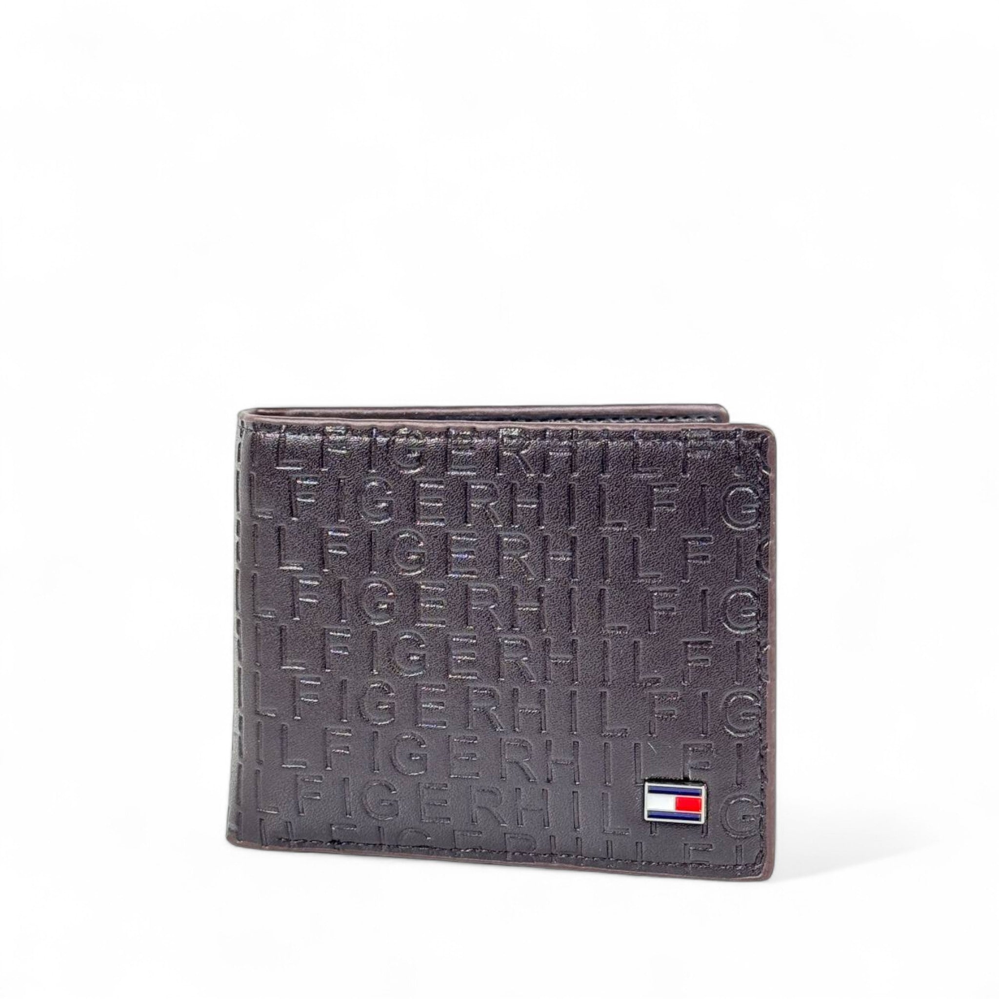 🤎 Tommy Hilfiger Dark Brown Embossed Leather Bifold Wallet – Logo Pattern