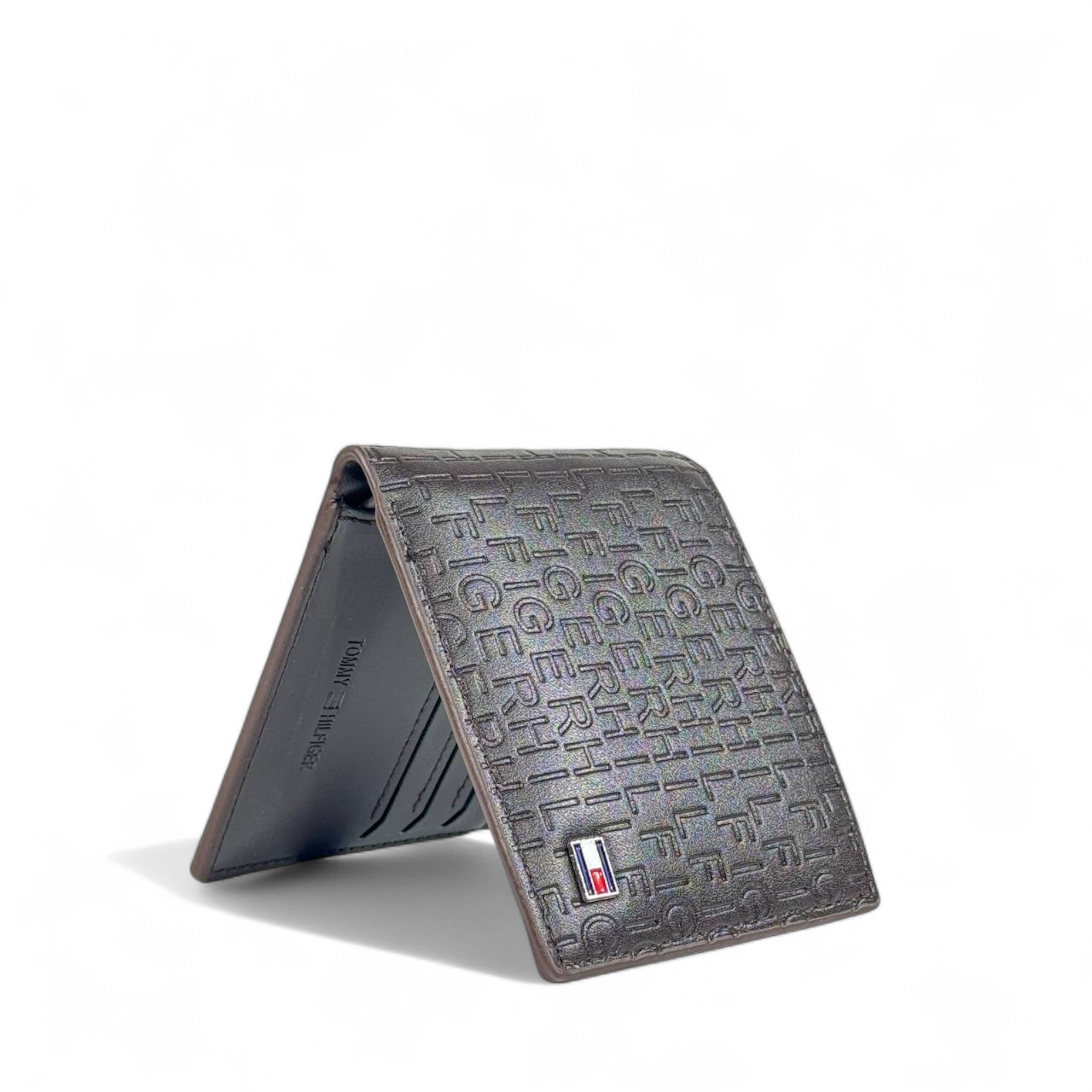 🤎 Tommy Hilfiger Dark Brown Embossed Leather Bifold Wallet – Logo Pattern