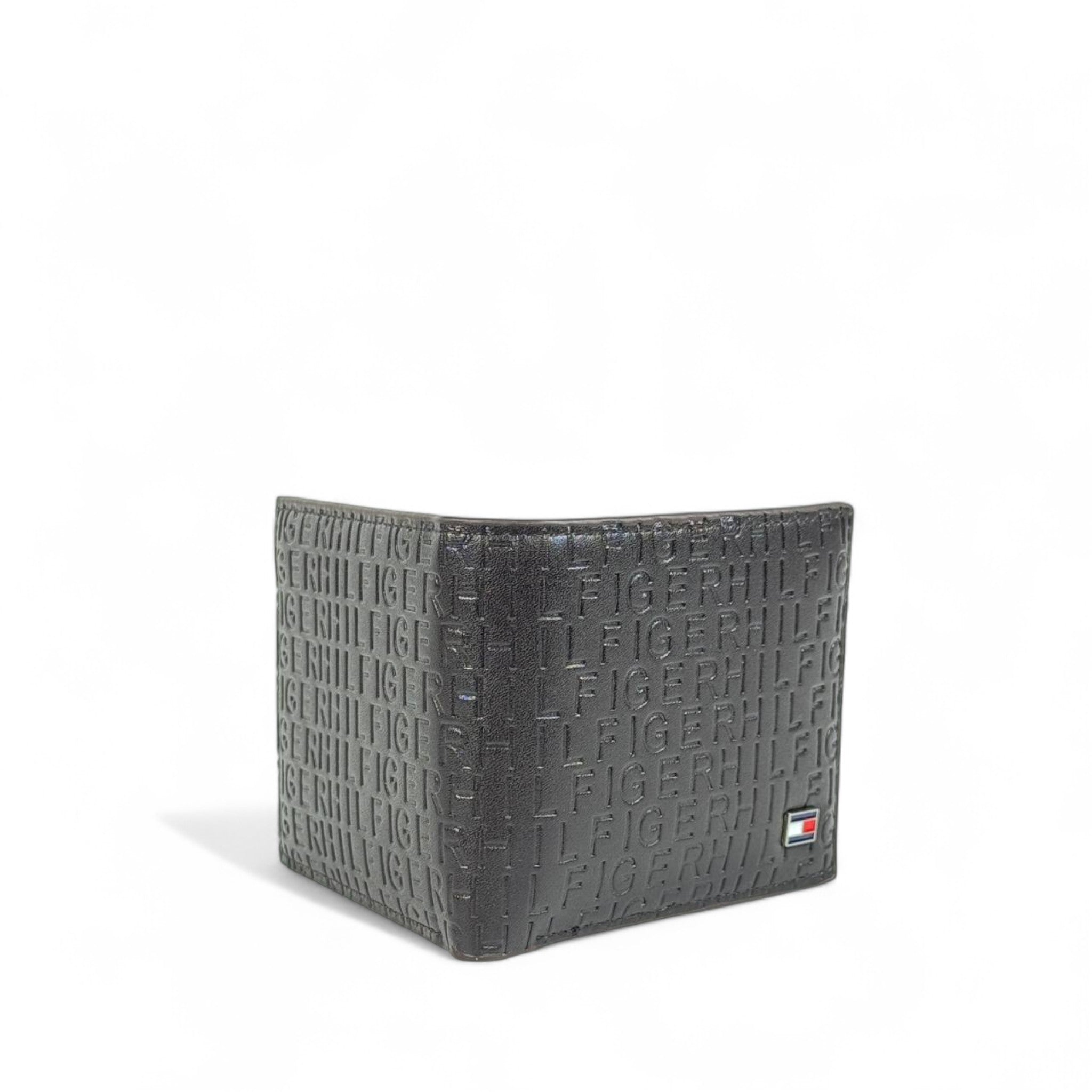 🤎 Tommy Hilfiger Dark Brown Embossed Leather Bifold Wallet – Logo Pattern