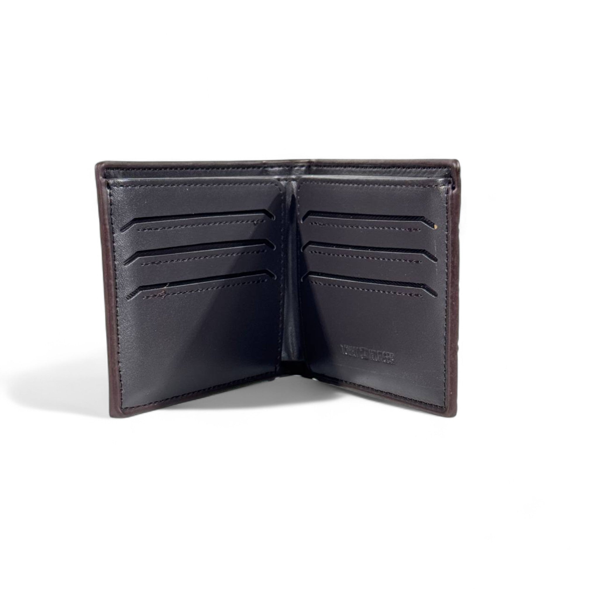 🤎 Tommy Hilfiger Dark Brown Embossed Leather Bifold Wallet – Logo Pattern