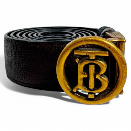 Burberry Black Leather Belt with Gold TB Monogram Buckle