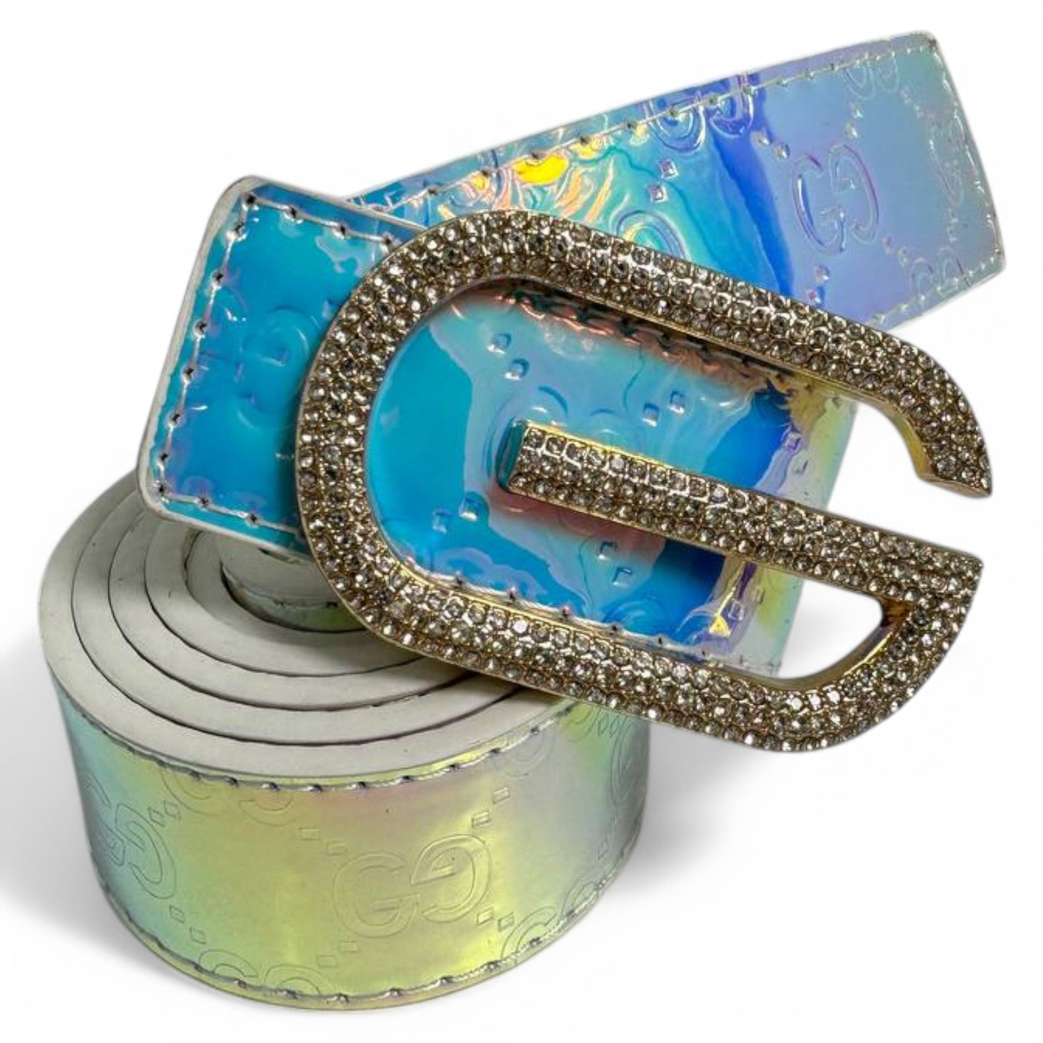 Luxury GG-Inspired Holographic Belt – Crystal Embellished Statement Piece