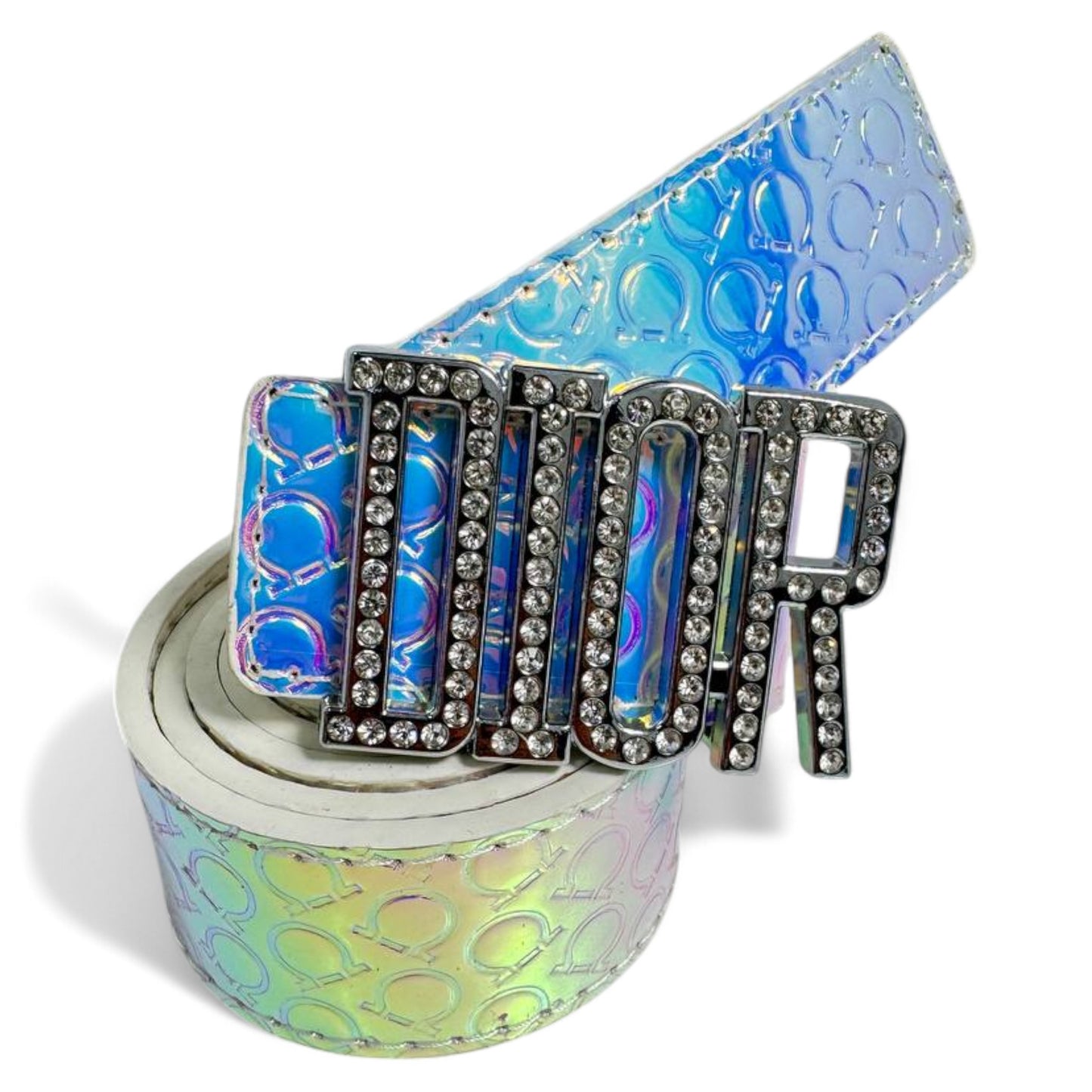 Luxury DIOR-Inspired Holographic Belt – Crystal Embellished Statement Accessory