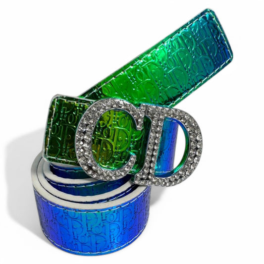 Dior-Inspired Iridescent Belt – Crystal "CD" Buckle