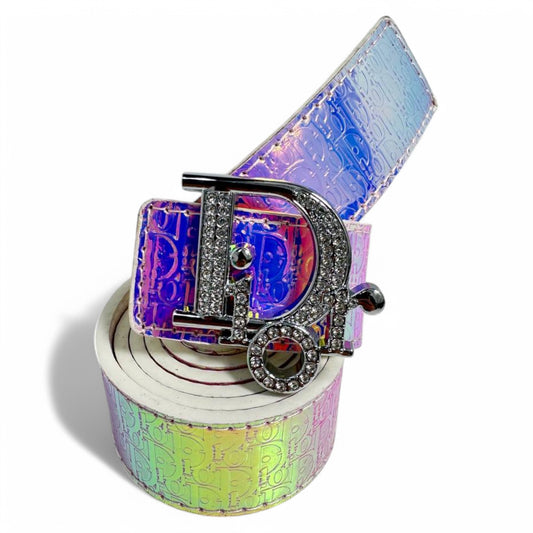 Dior-Inspired Iridescent Belt – Luxury Crystal "Dior" Buckle