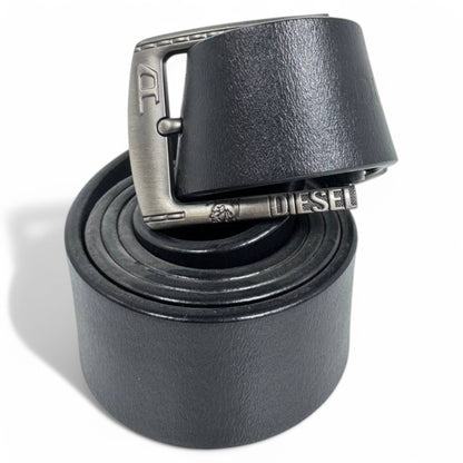 Diesel Black Leather Belt with Silver Metal Buckle