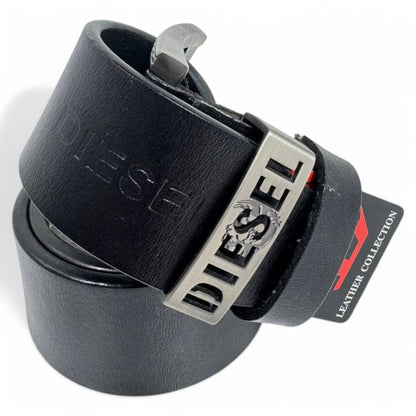 Diesel Black Leather Belt with Silver Metal Buckle